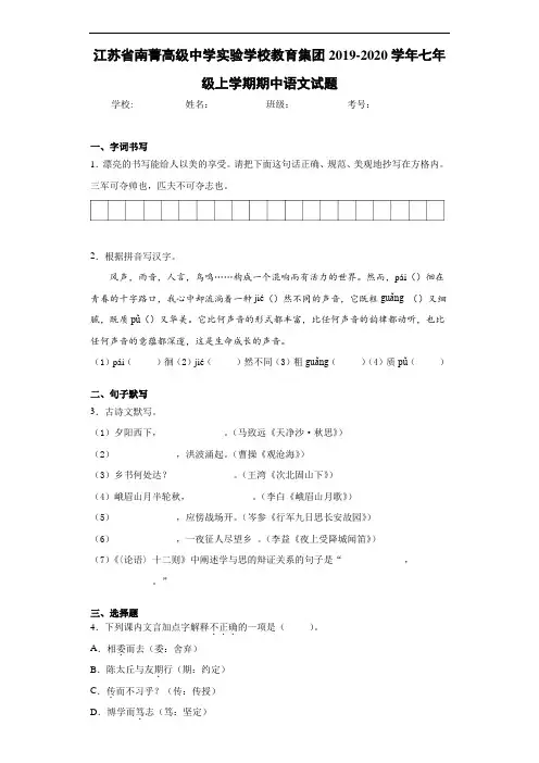 江苏省南菁高级中学实验学校教育集团2019~2020学年七年级上学期期中语文试题
