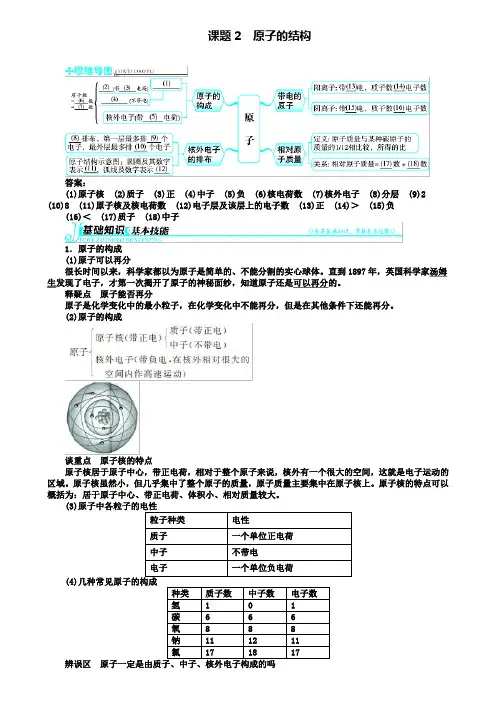 九年级化学上册第三单元物质构成的奥秘课题2原子的结构习题(附模拟试卷含答案)