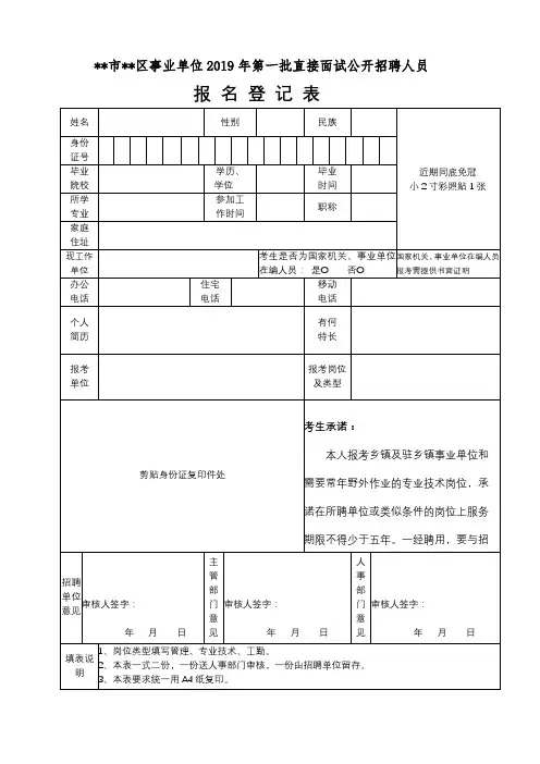 XX市XX区事业单位2019年第一批直接面试公开招聘人员报名登记表【模板】