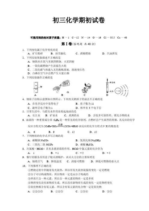 初三化学上学期期末考试试题及答案
