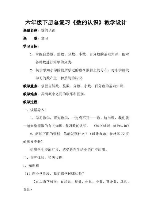 六年级下册数学教案6.1.1 数与代数：数的认识冀教版1)