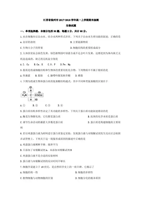 江苏省徐州市2019-2020学年高一上学期期末抽测生物试题Word版含答案