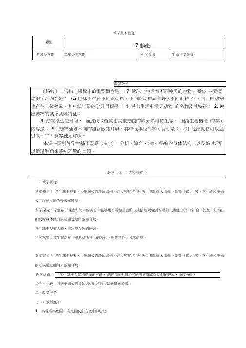 人教鄂版小学科学二年级下册7《蚂蚁》教案