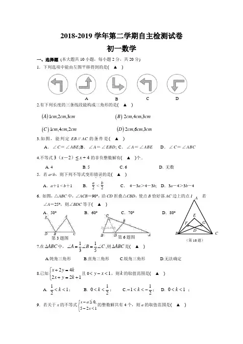 江苏省苏州高新区2018-2019学年七年级(下)数学月考试卷(含答案)
