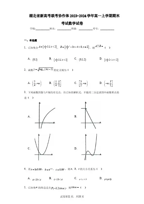 湖北省新高考联考协作体2023-2024学年高一上学期期末考试数学试卷