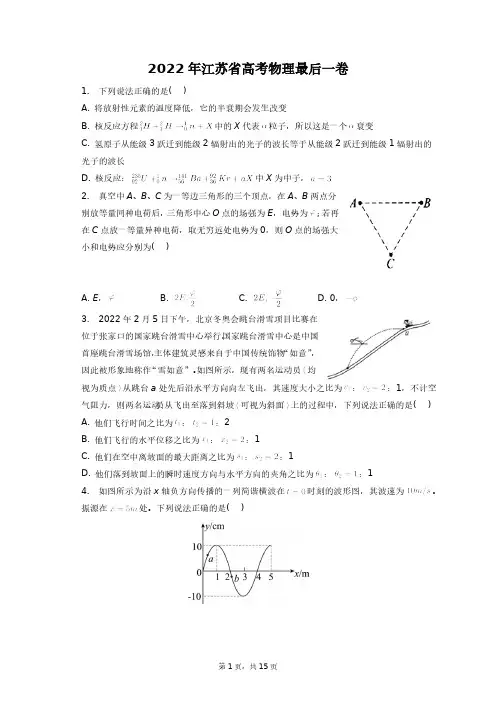 2022年江苏省高考物理最后一卷+答案解析(附后)