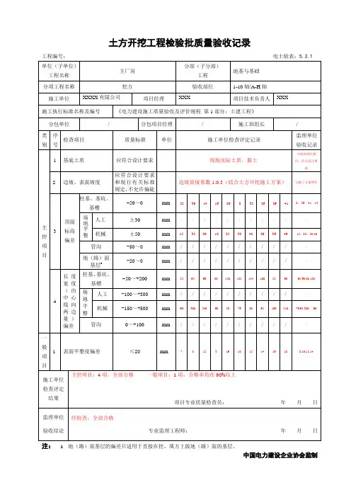土方开挖检验批-填写样表