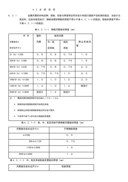 风管尺寸及钢板厚度对比表