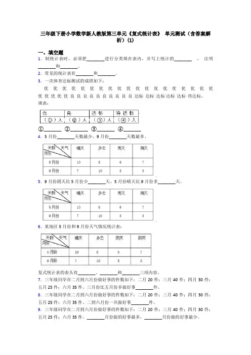 三年级下册小学数学新人教版第三单元《复式统计表》 单元测试(含答案解析)(1)