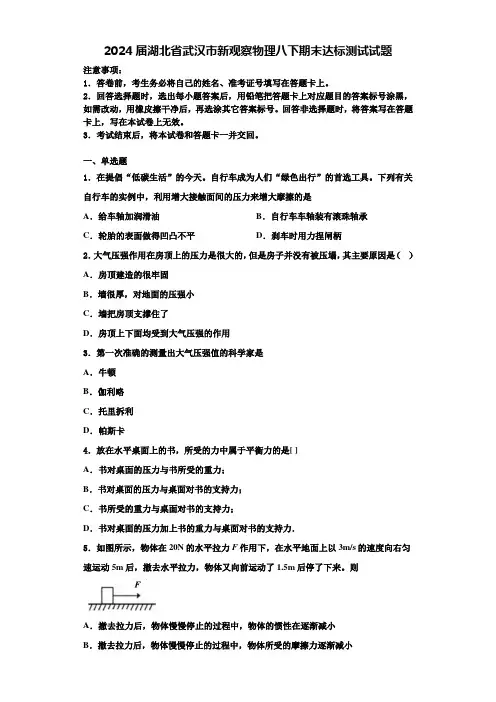 2024届湖北省武汉市新观察物理八下期末达标测试试题含解析