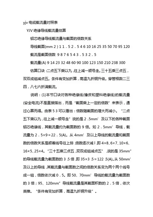 yjv电缆载流量对照表