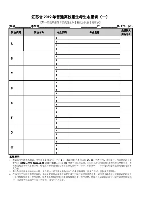 (推荐)2019年江苏高考志愿填报表