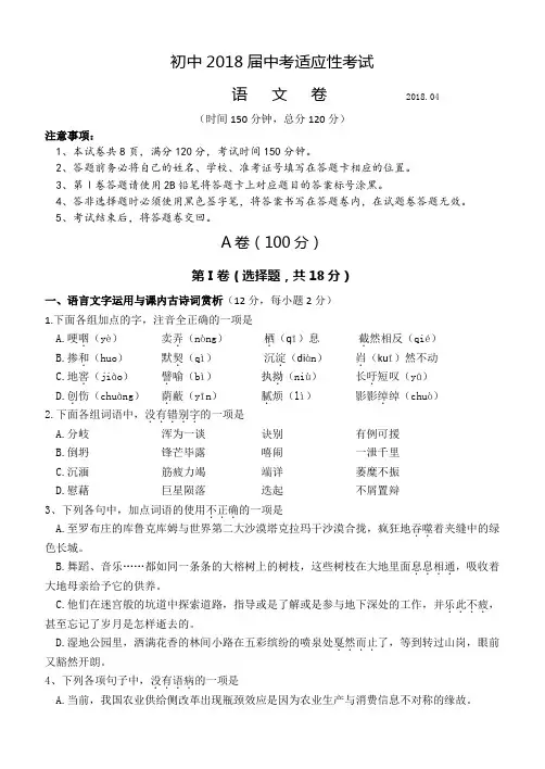 四川省眉山市2018届中考适应性考试语文试题