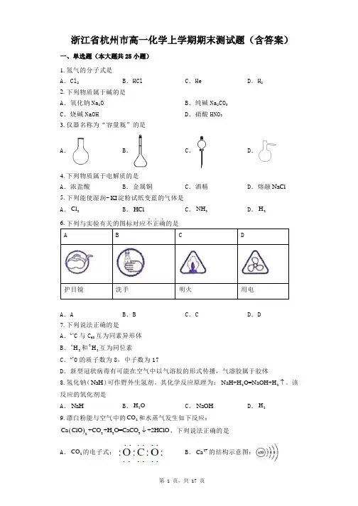 浙江省杭州市高一化学上学期期末测试题(含答案)