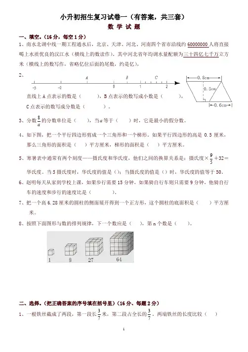 2019小升初考试数学试题及答案解析[共3套]