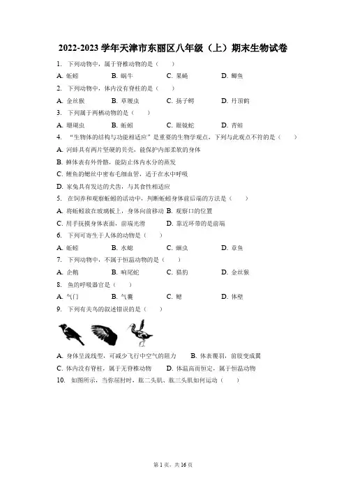 2022-2023学年天津市东丽区八年级(上)期末生物试卷(附答案详解)