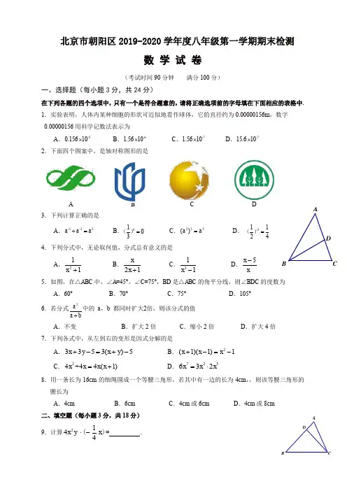 北京市朝阳区度八年级上册期末考试数学试题及答案(含答案)