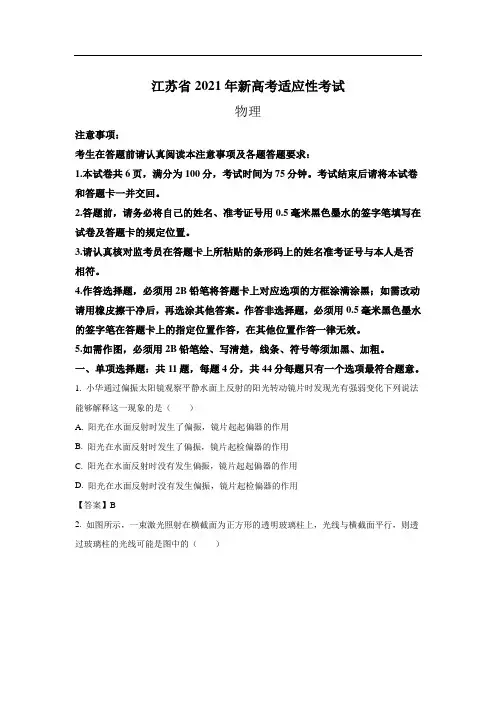 2021年江苏省新高考适应性考试物理试卷(含答案)