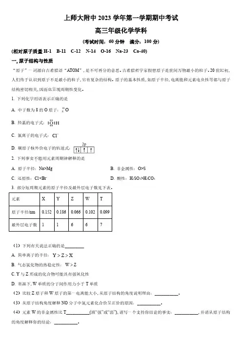 2023-2024学年上海市上海师范大学附属中学高三上学期期中考试化学试卷含详解