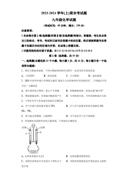 四川省成都市部分学校2023-2024学年九年级上学期期末化学试题(含解析)
