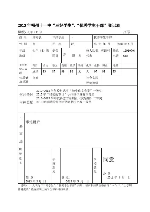 校三好学生、优秀学生干部登记表