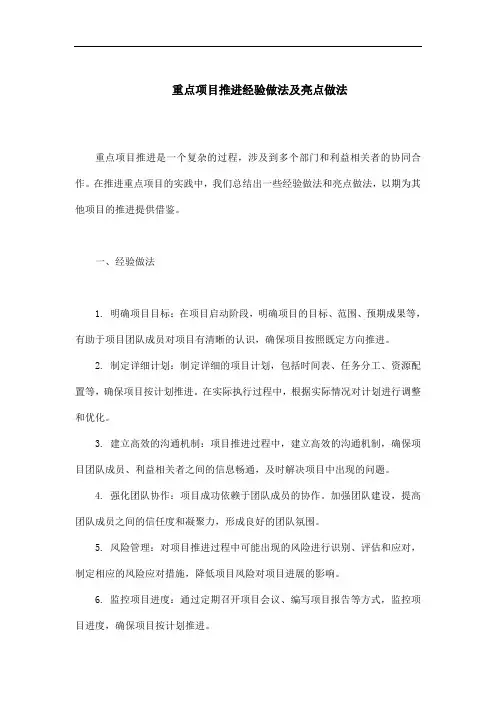 重点项目推进经验做法及亮点做法
