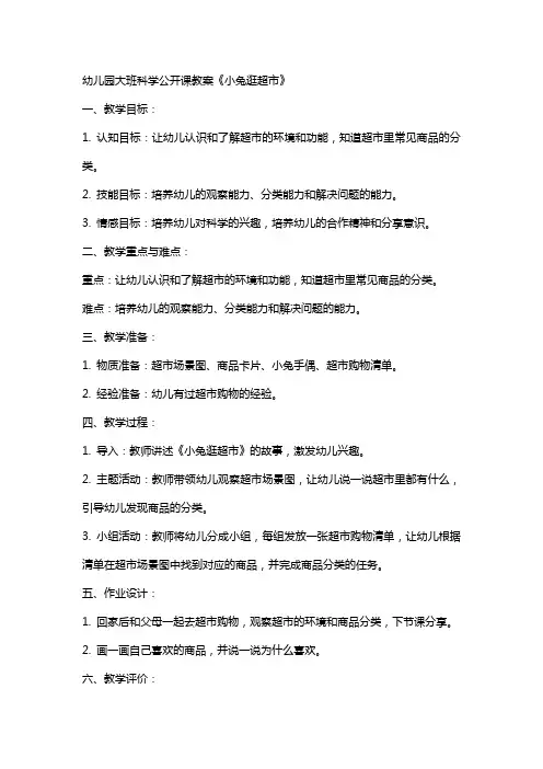 幼儿园大班科学公开课教案《小兔逛超市》