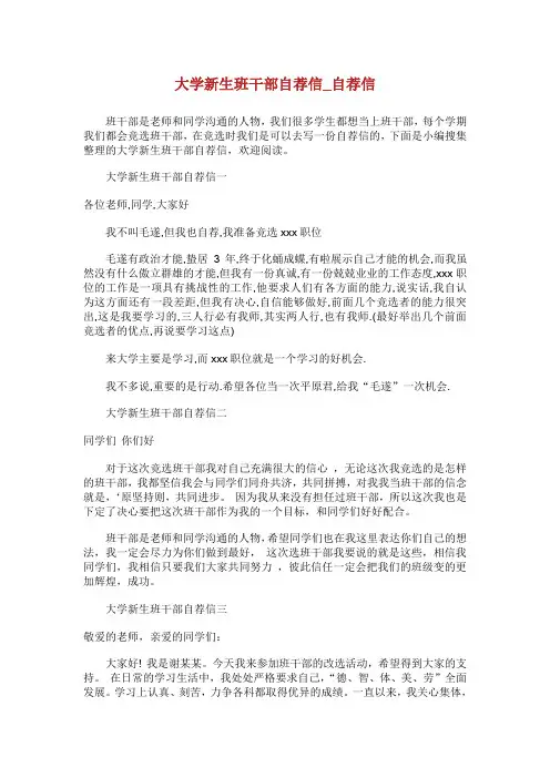 大学新生班干部自荐信_自荐信.doc