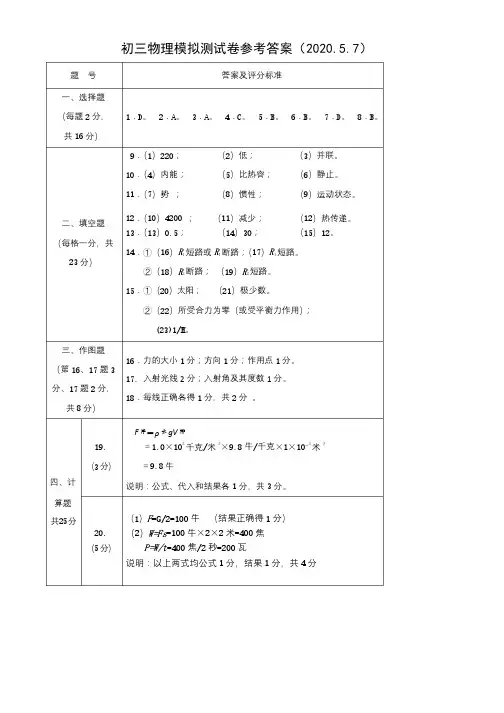 2020上海市崇明区初三二模物理试卷（含答案）