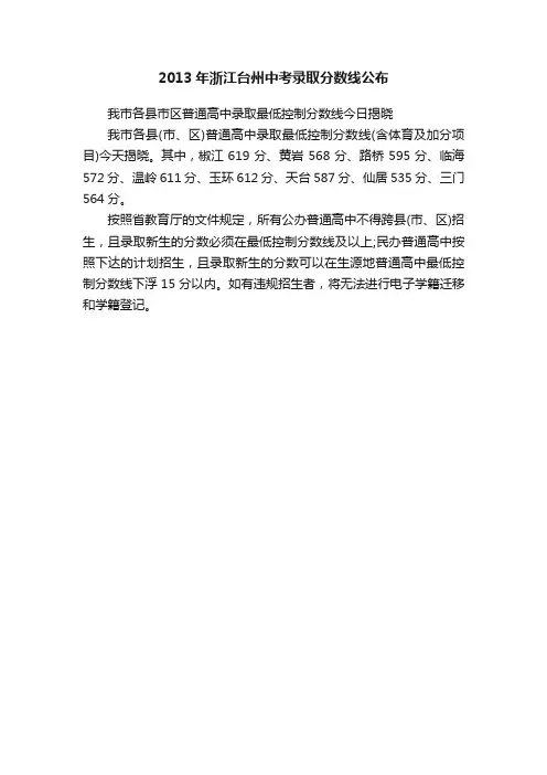2013年浙江台州中考录取分数线公布