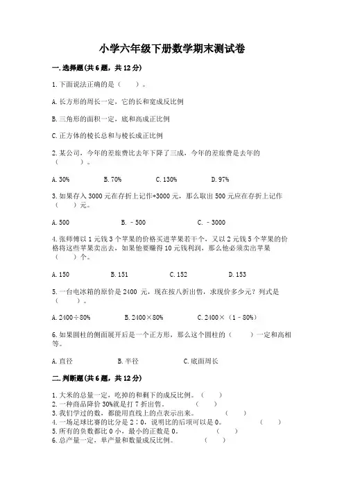 小学六年级下册数学期末测试卷及完整答案(精品)