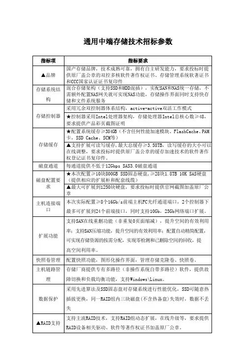 通用中端存储技术招标参数