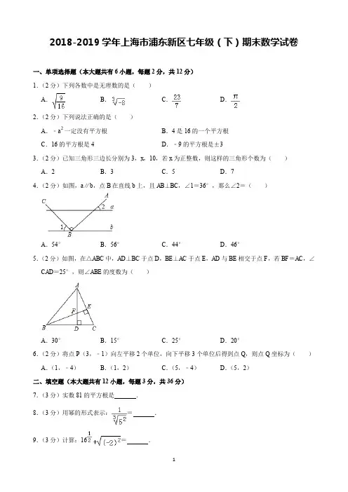 2018-2019学年上海市浦东新区七年级(下)期末数学试卷(含解析)印刷版