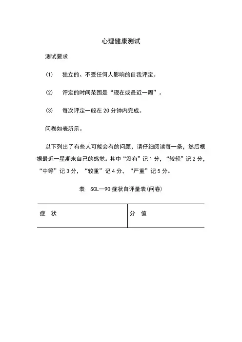SCL--90-心理健康测试评分表