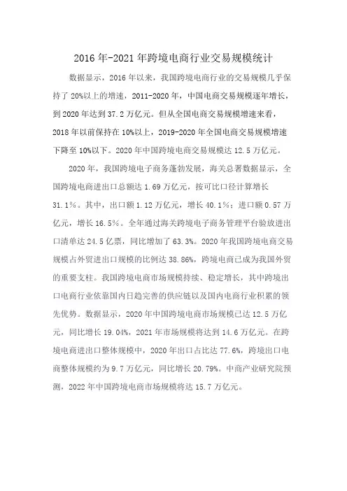 2016年-2021年跨境电商行业交易规模统计