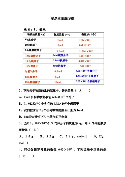 摩尔质量练习 含答案