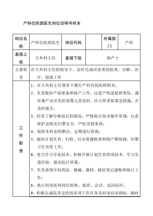 产科住院部医生岗位说明书样本