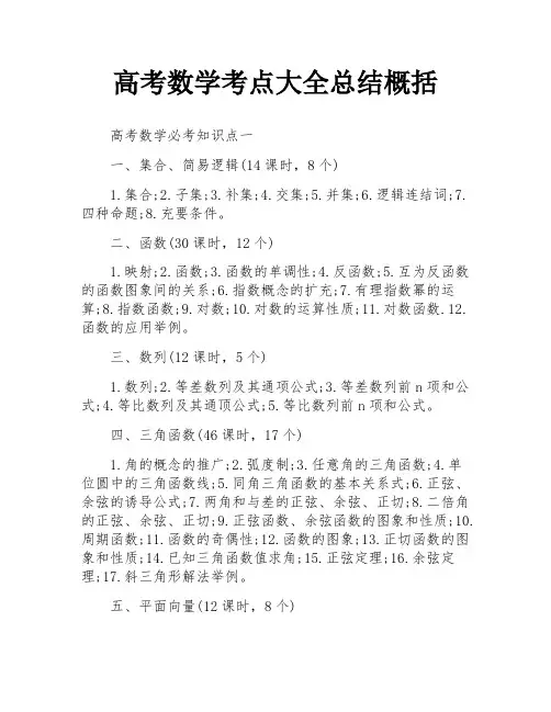高考数学考点大全总结概括
