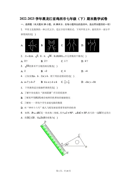 2022-2023学年黑龙江省鸡西市七年级(下)期末数学试卷(含解析)