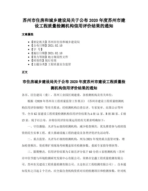 苏州市住房和城乡建设局关于公布2020年度苏州市建设工程质量检测机构信用评价结果的通知