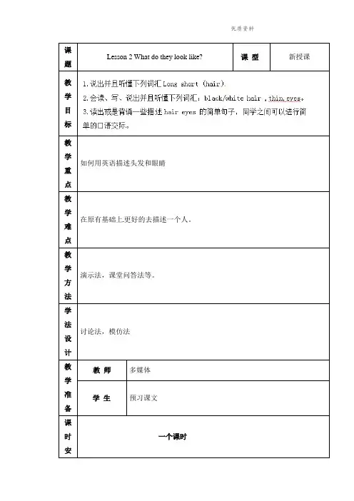 新冀教版五年级英语上册《Lesson 2 What Do They Look Like》精品学案