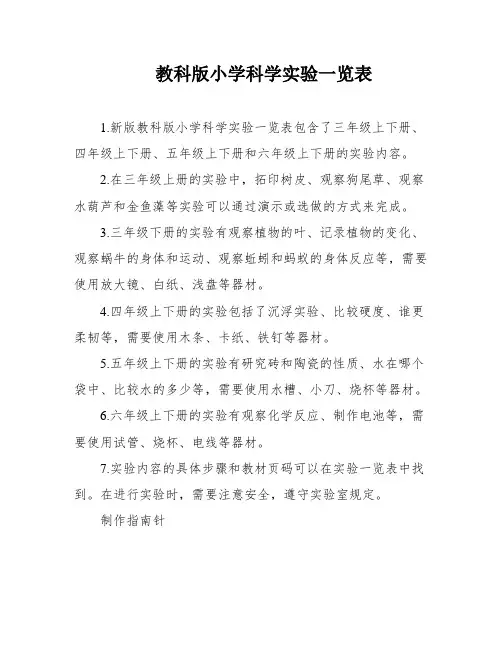 教科版小学科学实验一览表