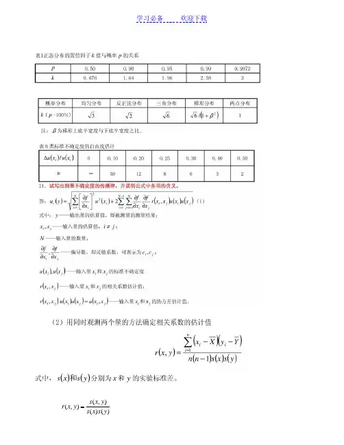 一级注册计量师考试相关公式大全