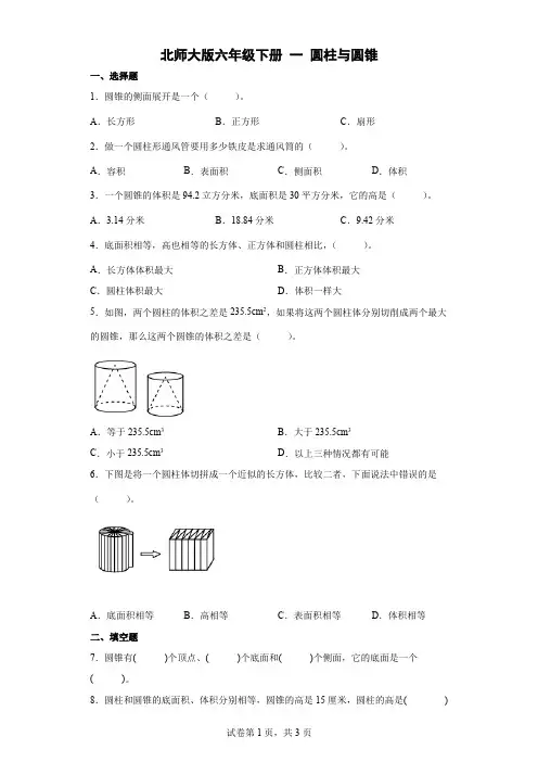 北师大版六年级下册数学  圆柱与圆锥  练习题