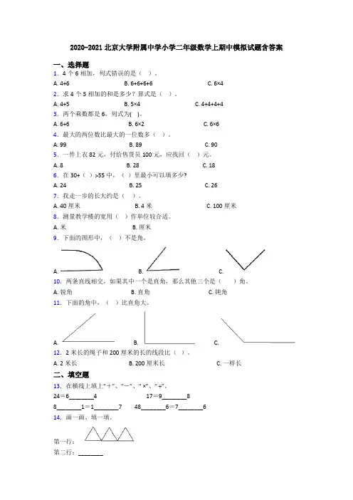 2020-2021北京大学附属中学小学二年级数学上期中模拟试题含答案