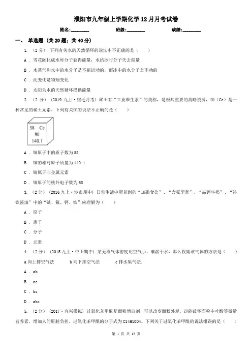 濮阳市九年级上学期化学12月月考试卷