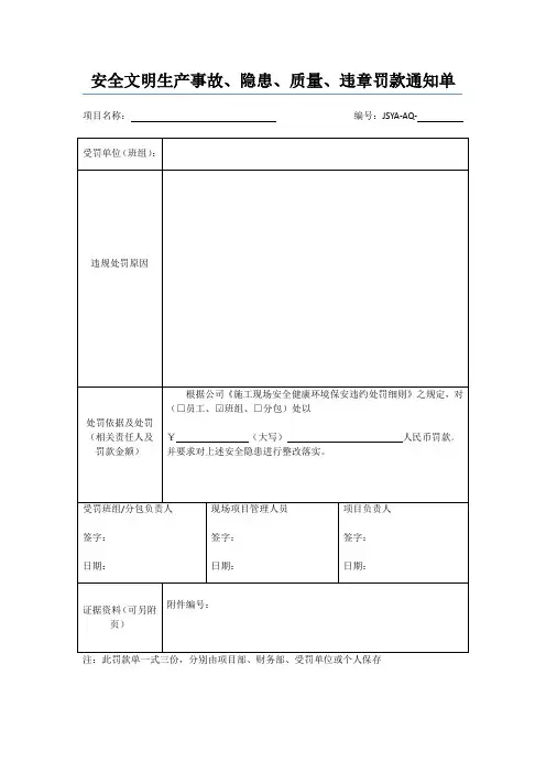 安全文明生产罚款通知单