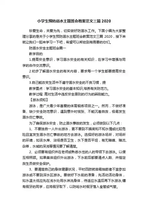 小学生预防溺水主题班会教案范文三篇2020