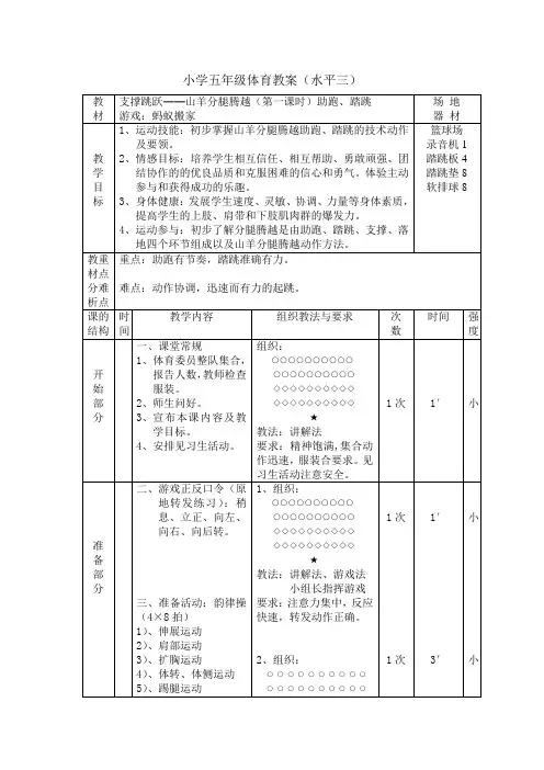 小学五年级体育教案(水平三)支撑跳跃—山羊分腿腾越教案