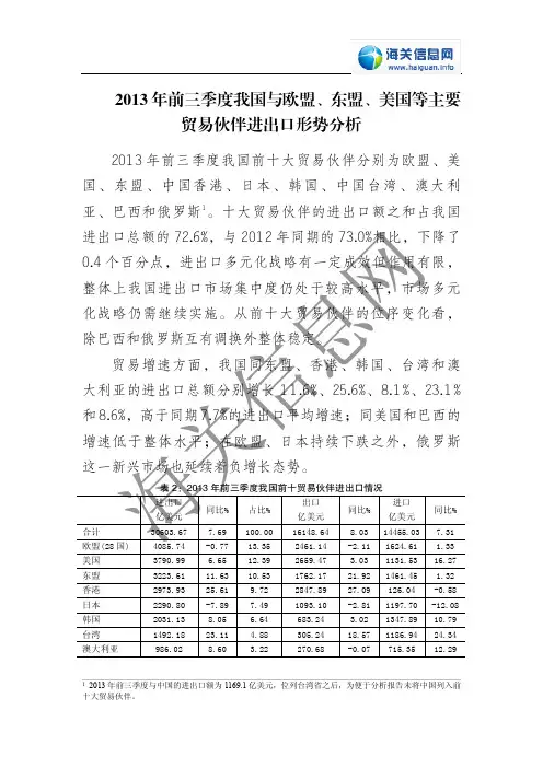 2013年前三季度我国与欧盟、东盟、美国等主要贸易伙伴进出口形势分析